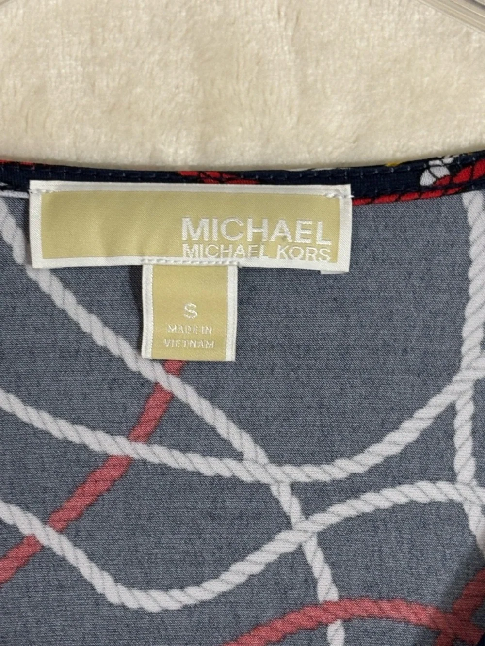 Michael Kors Navy Short-Sleeve Wrap Blouse with Red, White & Yellow Rope Motif